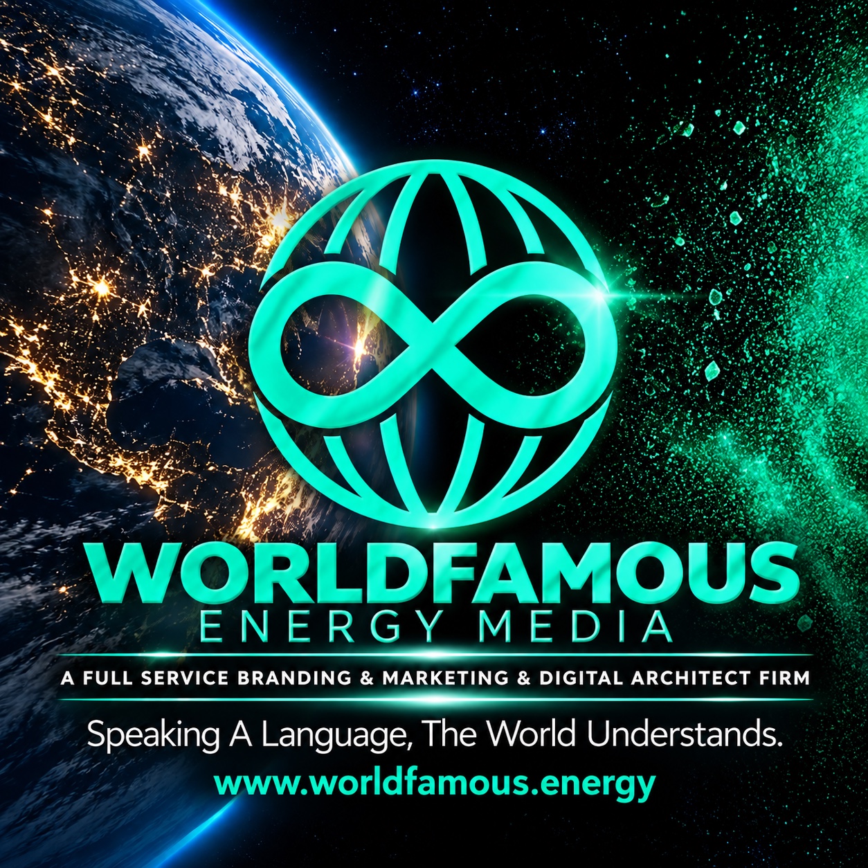 Original Worldfamous Energy Media artwork: electric turquoise infinity globe above Earth