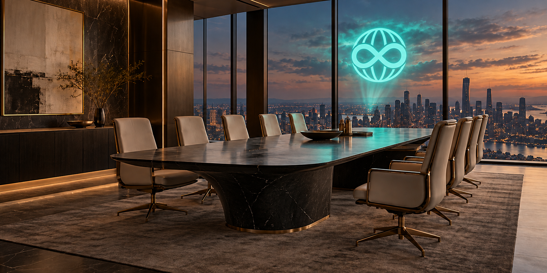 Luxury boardroom overlooking the city with the turquoise Worldfamous infinity-globe logo projected into the sky